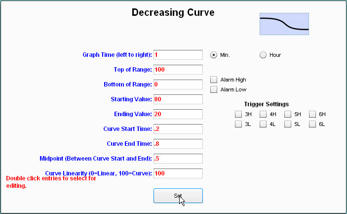 Increasing / Decreasing Curve Configuration Screen